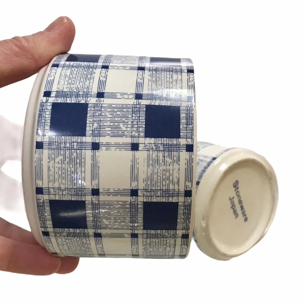 Vintage MCM Stoneware Cream & Sugar Set Japan Blue  Plaid